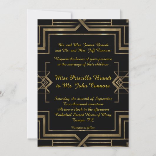 Faire-part de mariage noir&or, grand-Gatsby, scrip (Devant)