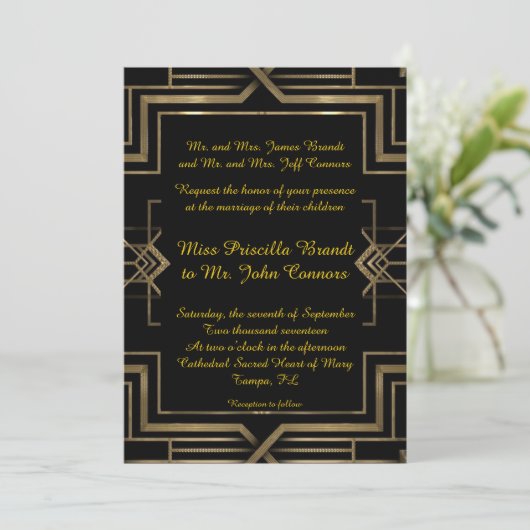 Faire-part de mariage noir&or, grand-Gatsby, scrip (Debout devant)