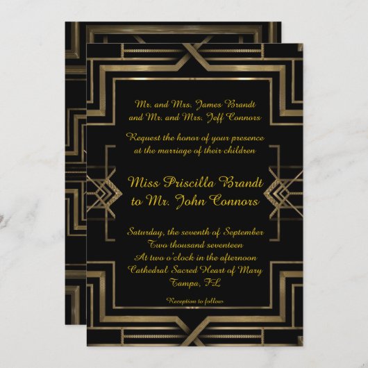 Faire-part de mariage noir&or, grand-Gatsby, scrip (Devant / Derrière)