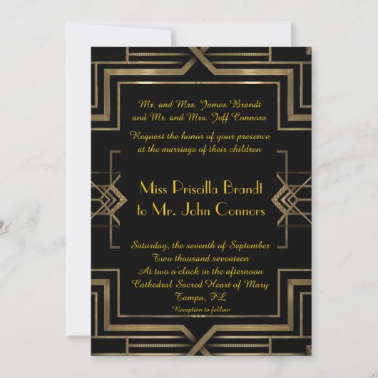 Faire-part de mariage noir&or, grand-Gatsby, scrip (Devant)
