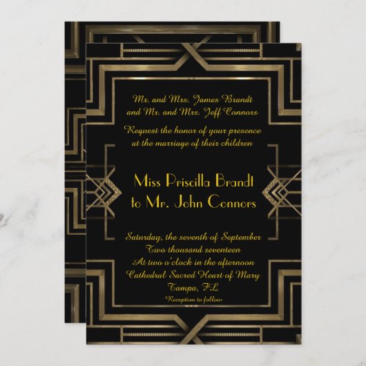 Faire-part de mariage noir&or, grand-Gatsby, scrip (Devant / Derrière)