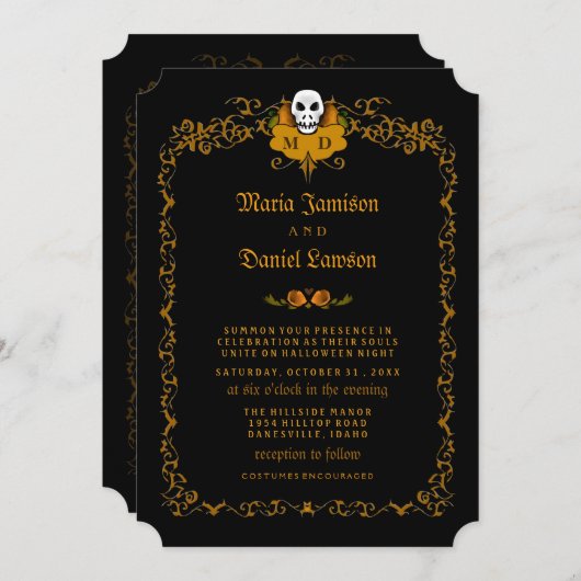 faire-part de mariage - Noir & Orange Crâne Design (Devant / Derrière)