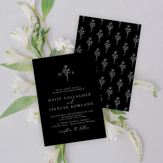Faire-part de mariage noir simple avec design flor