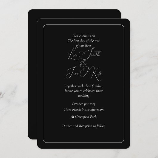 Faire-part de mariage noir simple et mobile (Devant / Derrière)