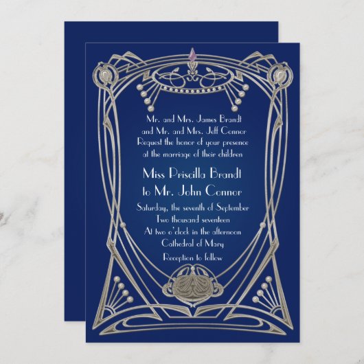 Faire-part de mariage nuit bleue et argent (Devant / Derrière)