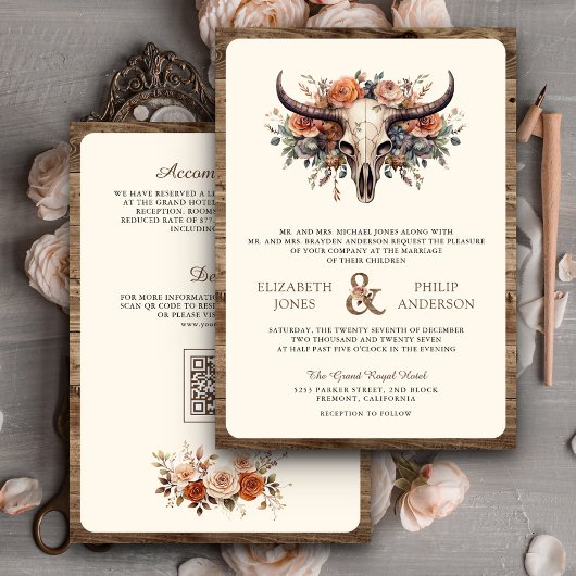 Faire-part de mariage occidental crâne de vache fl