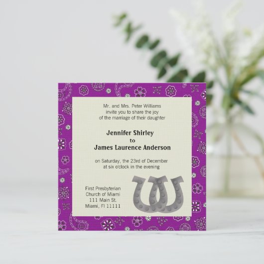 Faire-part de mariage occidental pourpre (Debout devant)