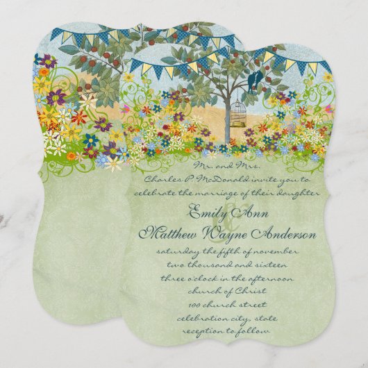 Faire-part de mariage Oiseau d'amour sarcelle Forê (Devant / Derrière)