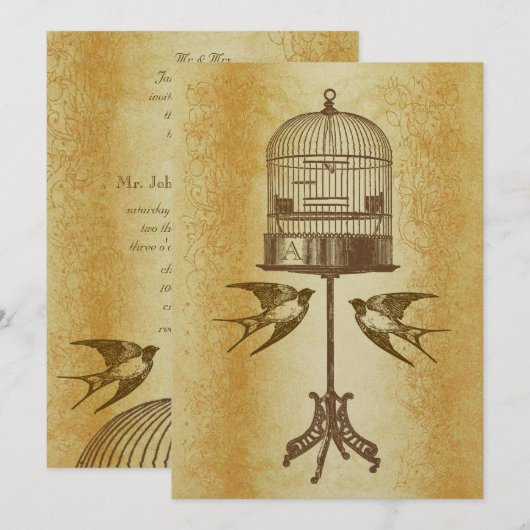 Faire-part de mariage Oiseau de l'Amour Luxe Doré (Devant / Derrière)