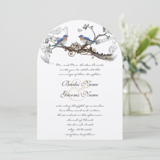 Faire-part de mariage Oiseaux bleus vintage (Debout devant)