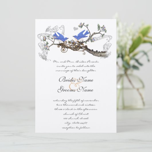 Faire-part de mariage Oiseaux bleus vintage #2 (Debout devant)