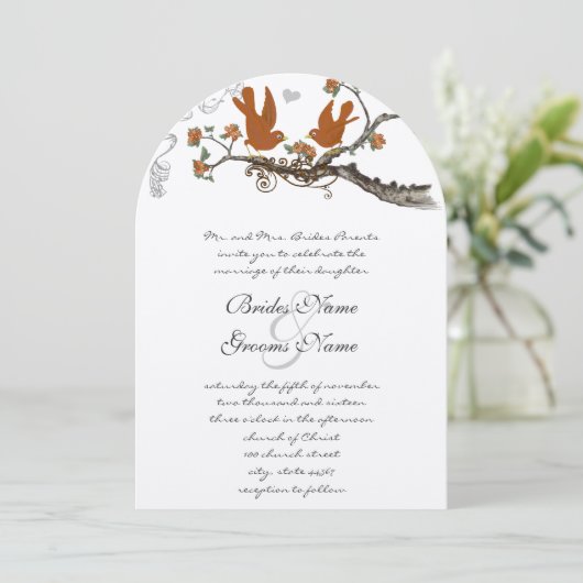 Faire-part de mariage oiseaux d'amour corail et gr (Debout devant)