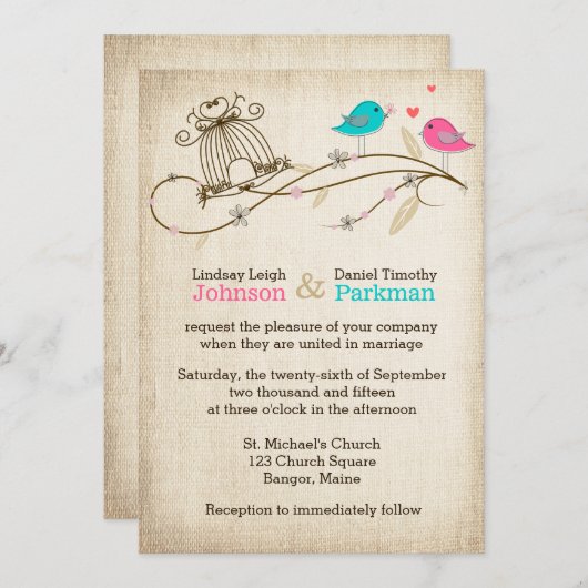 Faire-part de mariage | Oiseaux lunaires en amour (Devant / Derrière)