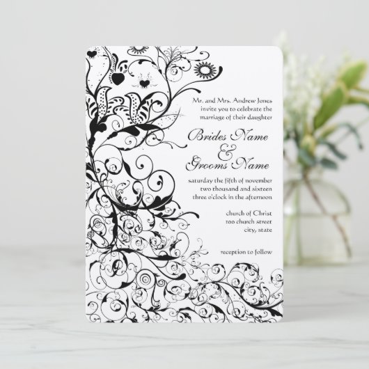 Faire-part de mariage Oiseaux noirs et tourbillons (Debout devant)
