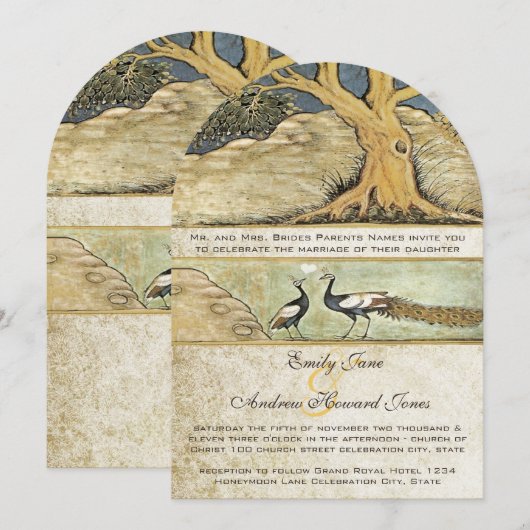 Faire-part de mariage oiseaux paon forêt rustique (Devant / Derrière)