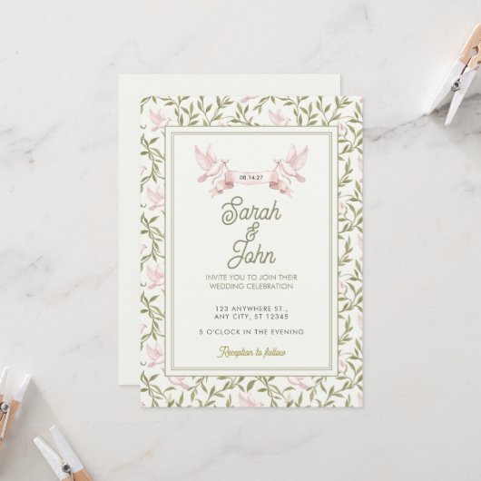 Faire-part de mariage Olive Vine Blush Dove (Devant/Arrière en situation)