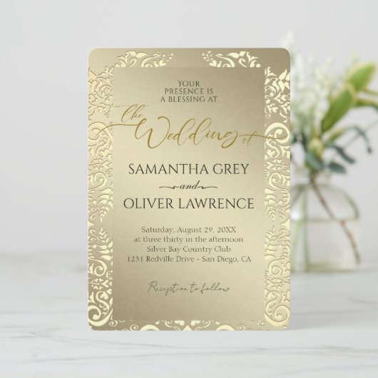 Faire-part de mariage or avec Monogramme & Photo (Debout devant)