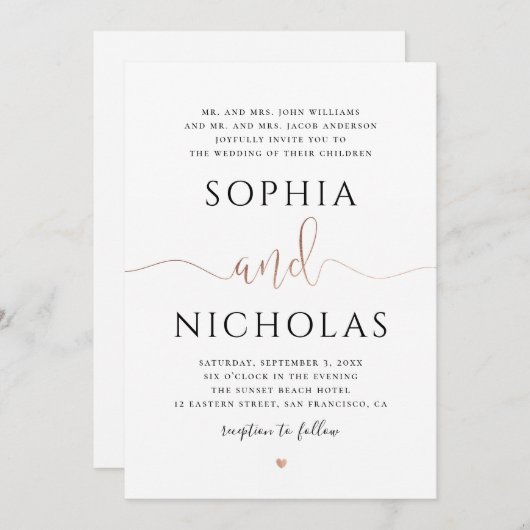 Faire-part de mariage or et blanc. Invitation simp (Devant / Derrière)