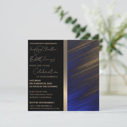Faire-part de mariage or et bleu (Debout devant)