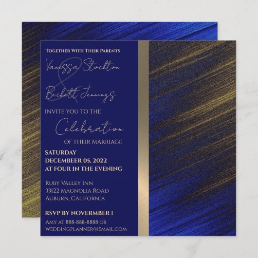 Faire-part de mariage or et bleu (Devant / Derrière)