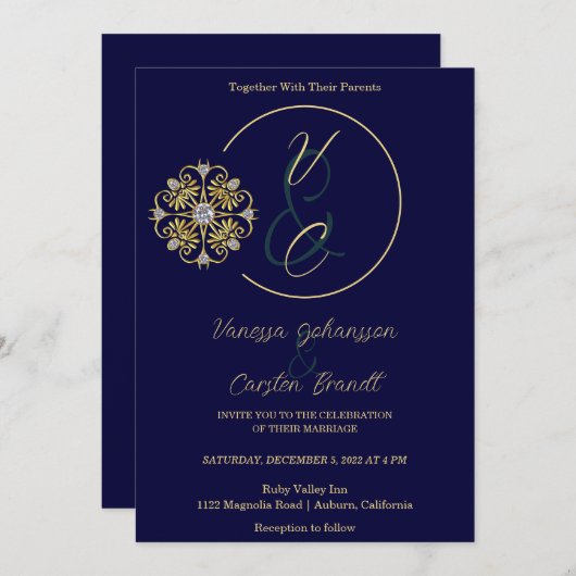 Faire-part de mariage or et diamants (Devant / Derrière)