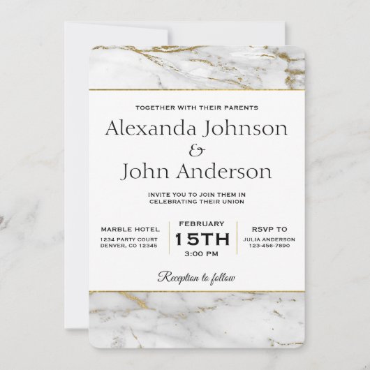 Faire-part de mariage or et Marbre blanc (Devant)
