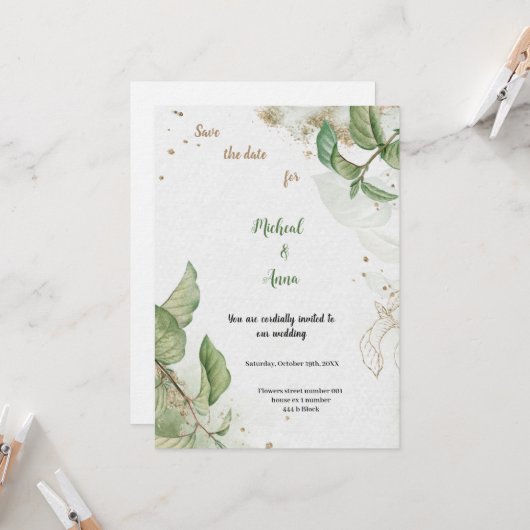 FAIRE-PART DE MARIAGE OR ET VERT (Devant/Arrière en situation)