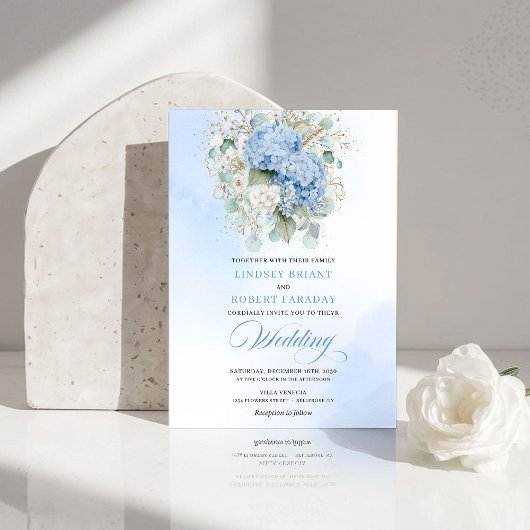 Faire-part de mariage or hydrangea bleu sophistiqu