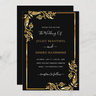 Faire-part de mariage or noir encadré Feuille doré