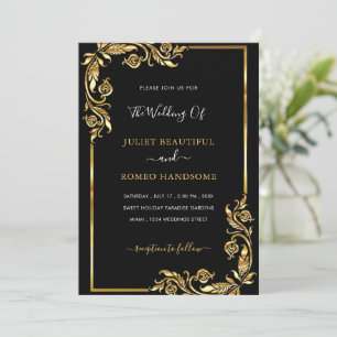 Faire-part de mariage or noir encadré Feuille doré