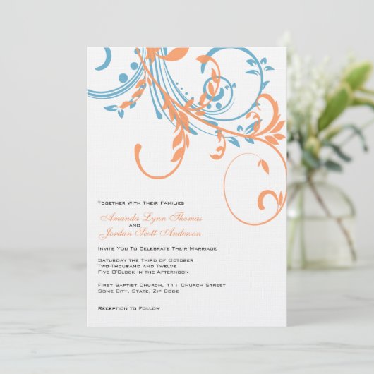 Faire-part de mariage orange et Turquoise à double (Debout devant)