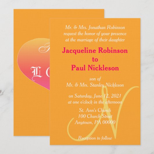 Faire-part de mariage Orange Framboise à monogramm (Devant / Derrière)