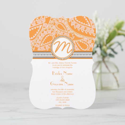 Faire-part de mariage orange Paisley avec points (Debout devant)