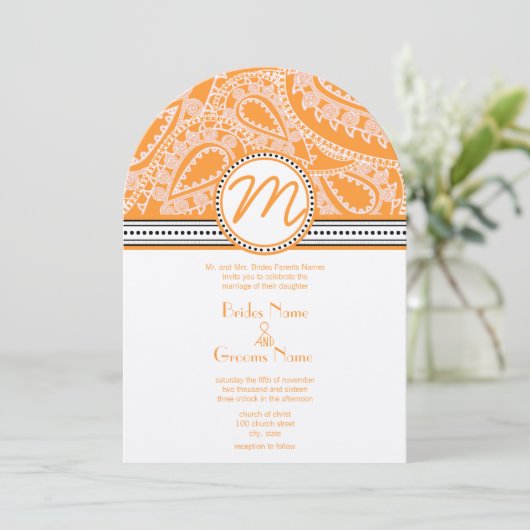 Faire-part de mariage orange Paisley avec points (Debout devant)