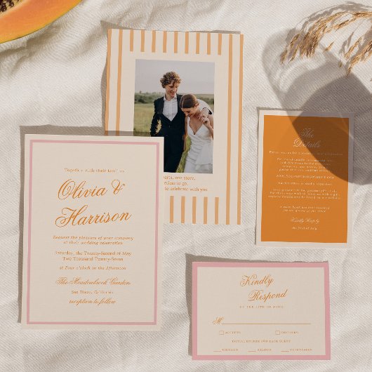 Faire-part de mariage orange rose rayure lueur de