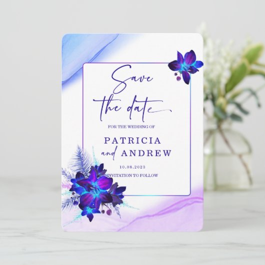 Faire-part de mariage Orchidée Bleue Violette à co (Debout devant)