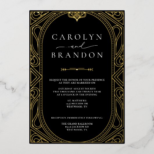 Faire-part de mariage Ornate Elegant Noir et Or (Recto)
