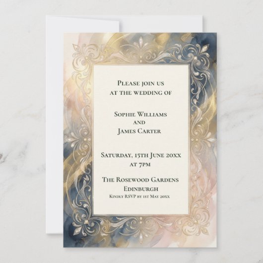 Faire-part de mariage orné Navy Blush Gold (Devant)