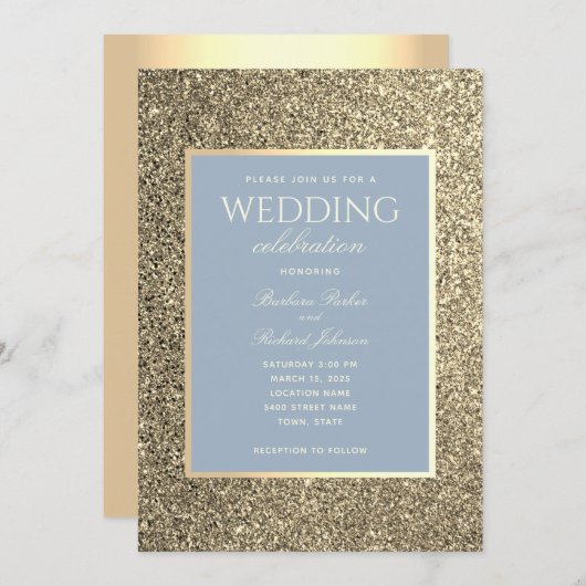 Faire-part de mariage pailleté or et bleu poussiér (Devant / Derrière)