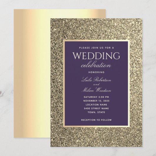 Faire-part de mariage pailleté or et violet (Devant / Derrière)