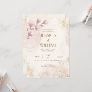 Faire-part de mariage pailleté or Magnolia rose