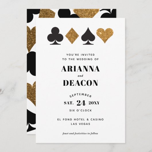 Faire-part de mariage paillettes or Casino Moderne (Devant / Derrière)