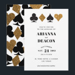 Faire-part de mariage paillettes or Casino Moderne<br><div class="desc">Un faire-part de mariage pour le couple moderne, ce carton d'invitation présente une typographie claire et simple avec une touche moderne et un graphisme sur le thème du casino clinquant avec des paillettes dorées et des enseignes de cartes noires, ce qui en fait le choix idéal pour une somptueuse cérémonie...</div>