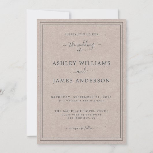 Faire-part de mariage papier Kraft à script chic (Devant)
