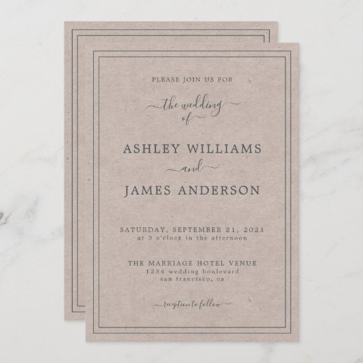 Faire-part de mariage papier Kraft à script chic (Devant / Derrière)