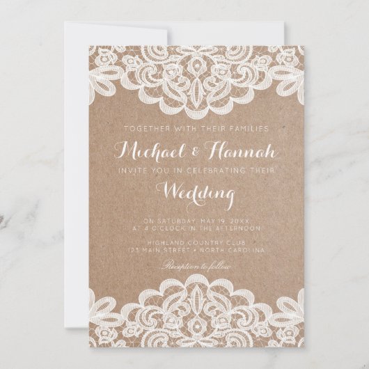 Faire-part de mariage papier Kraft pour dentelle d (Devant)