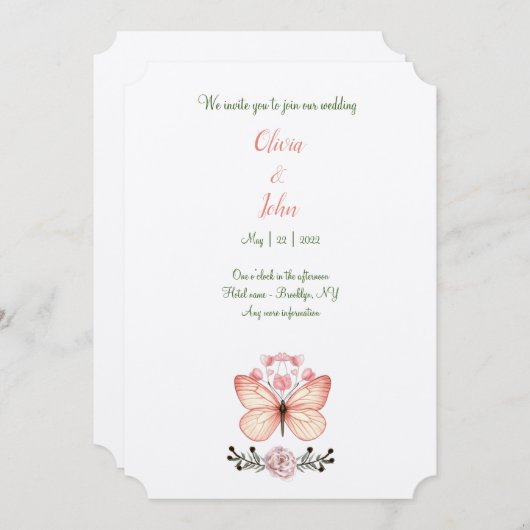 Faire-part de mariage papillon aquarelle (Devant / Derrière)