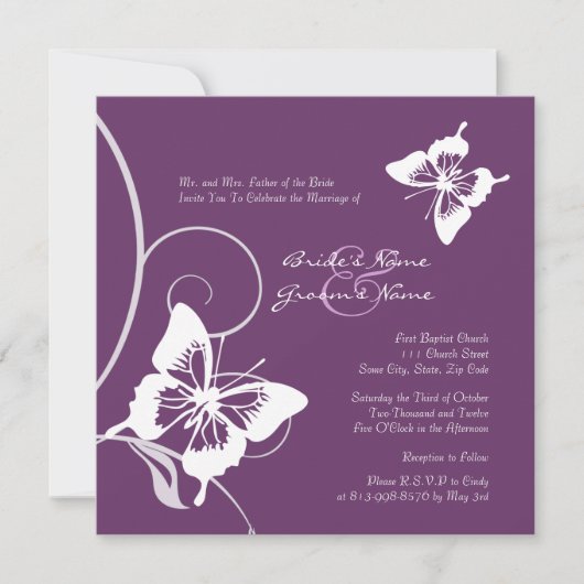 Faire-part de mariage papillon blanc et violet (Devant)