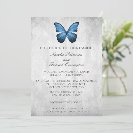 Faire-part de mariage papillon bleu (Debout devant)
