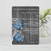 Faire-part de mariage papillon bleu rustique (Debout devant)